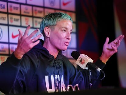 USA soccer player Megan Rapinoe speaks to reporters during a press conference at the FIFA Women's World Cup in Auckland, New Zealand, 30 July 2023.