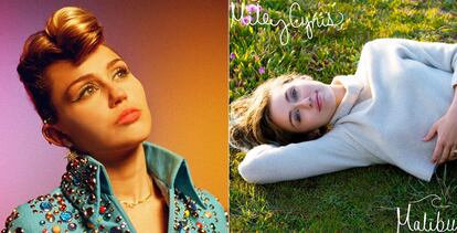 Miley Cyrus en dos imágenes promocionales de sus últimos lanzamientos ‘Younger Now’ y ‘Malibu’.