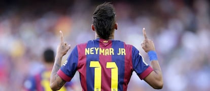 Neymar celebrating one of his 105 goals at Barcelona.