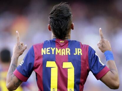 Neymar celebrating one of his 105 goals at Barcelona.