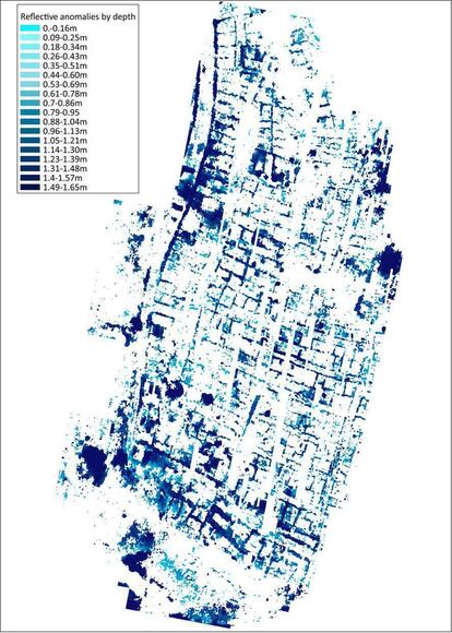 Imagen de la prospección geofísica de la ciudad íbera detectada en n Banyeres del Penedés (Tarragona).