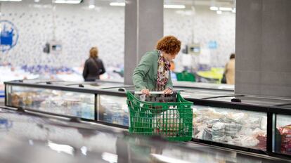 Una clienta mira en la sección de congelados de Mercadona. 