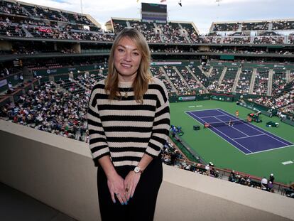 Lindsay Brandon, the WTA's new director of safeguarding, poses for a portrait at the BNP Paribas Open tennis tournament Friday, March 10, 2023, in Indian Wells, Calif.