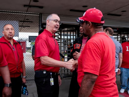 UAW President Shawn Fain, at the Stellantis Sterling Heights Assembly Plant, Michigan, U.S. July 12, 2023.