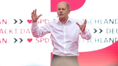 Olaf Scholz, favorito nas pesquisas para as eleições de domingo, em um comício em Colônia na sexta-feira.