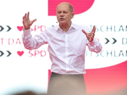 Olaf Scholz, favorito nas pesquisas para as eleições de domingo, em um comício em Colônia na sexta-feira.