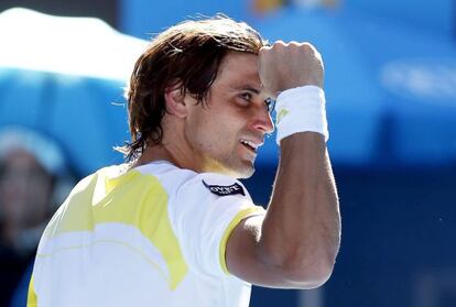David Ferrer celebrates his win over Nicol&aacute;s Almagro on Tuesday. 