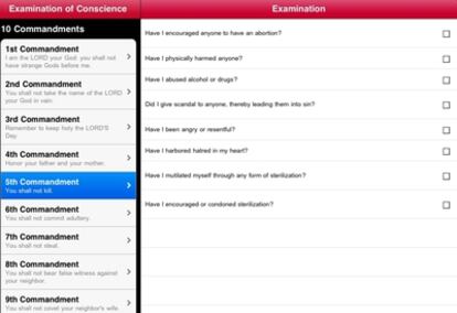Algunas de las preguntas de la aplicación para iPhone e iPad <i>Confession: A Roman Catholic App</i>.