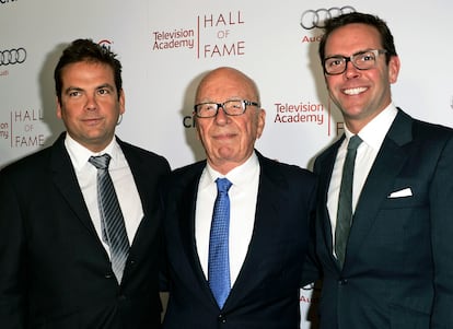 Fox News Corp. Executive Chairman Rupert Murdoch, center, and his sons, Lachlan, left, and James Murdoch attend the 2014 Television Academy Hall of Fame in Beverly Hills, Calif., on March 11, 2014