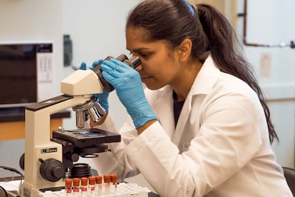 Una joven investigadora examina muestras con un microscopio.