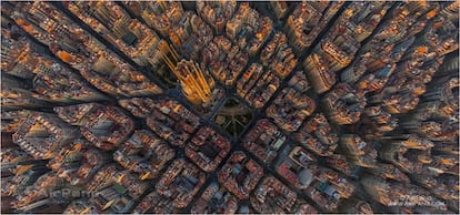 Miran y fotografían la tierra desde la altura, desde helicópteros, aviones y dirigibles. Ocho entusiastas de la fotografía aérea forman el projecto AirPano (<a href="http://www.airpano.com" target="blank">www.airpano.com </a>), que cuenta ya con una colección de unas tres mil imágenes de la Tierra a vista de pájaro. Aunque no todas las fotos muestran una vista cenital, quizás esta perspectiva sea la más espectacular, sobre todo cuando lo que vemos son ciudades. De este modo descubrimos, por ejemplo, el trazado perfecto de cuadrículas del Eixample barcelonés, interrumpido solo por la avenida Diagonal (a la derecha de la imagen) y la de Gaudí (a la izquierda), con la Sagrada Familia desde un punto de vista extraordinario.