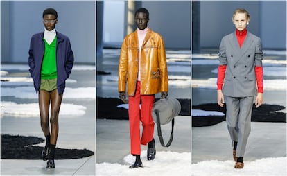 Tres modelos del desfile de Prada para el verano de 2026 en la semana de la moda masculina de Milán.