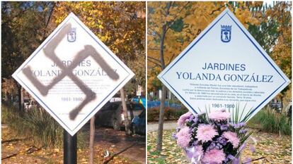 La placa en homenaje a Yolanda Gómez, en un parque de Madrid, tras ser vandalizada en 2018.