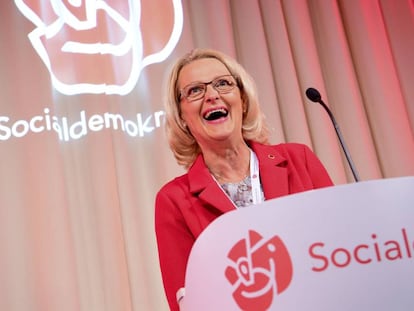 La candidata socialdemócrata en Suecia, Helene Fritzon, tras conocer los resultados en Estocolmo el 26 de mayo de 2019. 