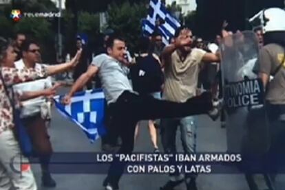 En las imágenes que usó Telemadrid para ilustrar los disturbios en Barcelona se ven banderas griegas.