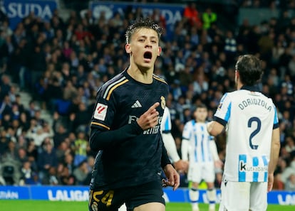 Soccer Football - LaLiga - Real Sociedad v Real Madrid - Reale Arena, San Sebastian, Spain - April 26, 2024 Real Madrid's Arda Guler celebrates scoring their first goal REUTERS/Vincent West