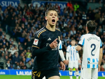 Soccer Football - LaLiga - Real Sociedad v Real Madrid - Reale Arena, San Sebastian, Spain - April 26, 2024 Real Madrid's Arda Guler celebrates scoring their first goal REUTERS/Vincent West