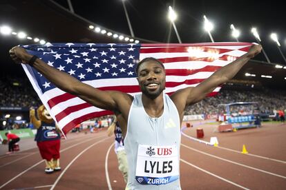 Noah Lyles of the United States celebrates after winning the 200m Men during the World Athletics Diamond League Weltklasse athletics meeting at the Letzigrund stadium in Zurich, Switzerland, 31 August 2023.