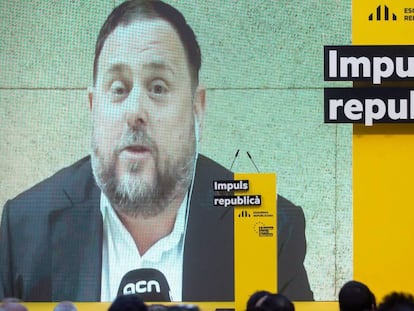 Junqueras, en una intervenció en vídeo durant un acte de campanya de Pere Aragonès a Barcelona.
