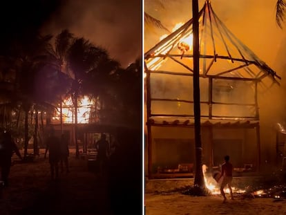 Pobladores de Hol Box, en el Estado de Quintana Roo, intentan sofocar el incendio en dos hoteles de la localidad, la noche del 28 de noviembre de 2022.