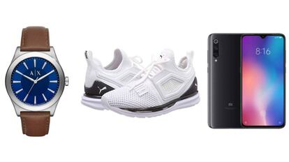 De izquierda a derecha: reloj Armani Exchange AX2324, zapatillas de running Puma Ignite LimitLess 2 y móvil Xiaomi Mi 9 SE.