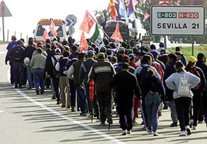 Un grupo de mineros, ayer, en un momento de su marcha a pie hasta Sevilla.