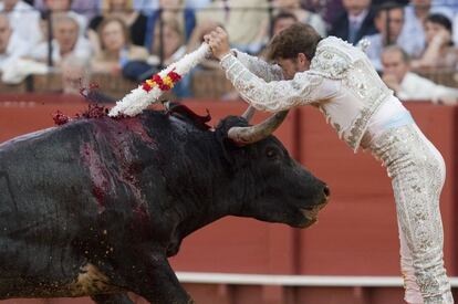 Manuel Escribano le pone un par de banderillas al tercer toro de la tarde.