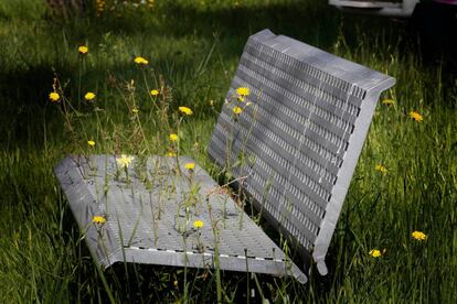 Un banc en un parc infantil, envaït per la vegetació a causa del confinament.