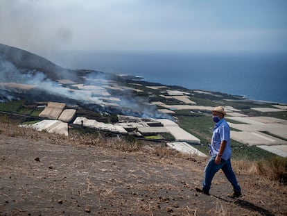 Antonio Ángel Brito contempla cómo llega la nueva colada de lava a su finca de plataneras en La Laguna, el domingo.