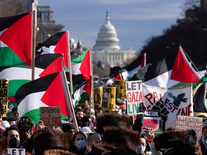 Banderas de Palestina en la Plaza de la Libertad de Washington, durante una protesta el 13 de enero.