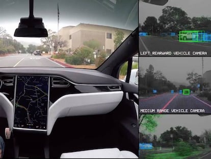 Un coche autónomo de Tesla circula por la carretera. 