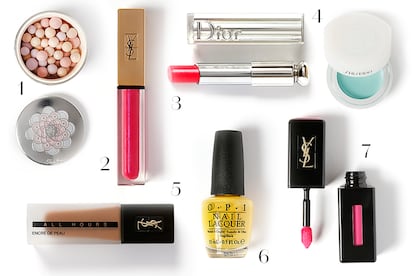 1. Meteorites Poudre bilLES, de Guerlain. 42,95 euros. 2. Máscara de pestañas Vinyl Couture, de YSL. 26,95 euros. 3. Dior Addict Lip Glow, de Dior. C.p.v. 4. Sombra de ojos Paperlight Cream Eye, de Shiseido. 25,95 euros. 5. All Hours Foundation Encre de Peau, de YSL. 42,95 euros. 6. Laca uñas Colección Brazil, de Opi . 8,99 euros. 7. Vernis à Lèvres Pop Water, de YSL.  27,95 euros.  