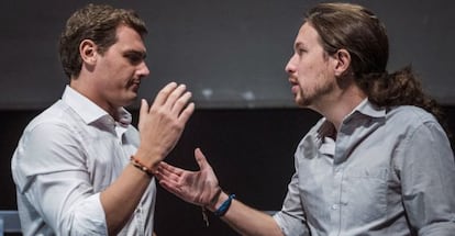 Los candidatos de Ciudadanos, Albert Rivera, y Podemos, Pablo Iglesias, durante el debate celebrado en la Universidad Carlos III de Madrid.