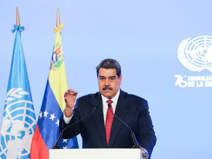 Nicolás Maduro mientras interviene virtualmente ante la Asamblea General de Naciones Unidas, desde Caracas (Venezuela).