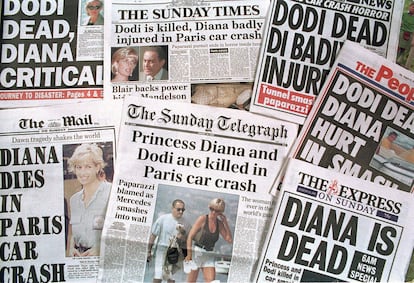 British newspapers announcing the deaths of the Princess of Wales and Dodi Fayed.