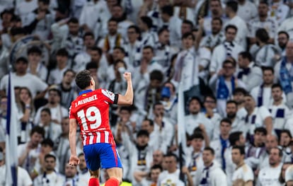 El jugador del Atlético de Madrid,Julián Alvarez, celebra la censecución del empate ante el Real Madrid.