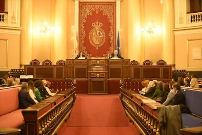 La presidenta de la Comisión de Igualdad del Senado, Josefina Antonia Bueno, y Juan Carlos Estévez, presidente del Consejo General de Procuradores de España, en el estrado del Senado mientras otros procuradores los escuchan