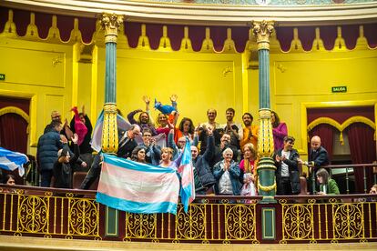 Activistas trans celebran el 16 de febrero desde la tribuna la aprobación de la ley que reconoce sus derechos.