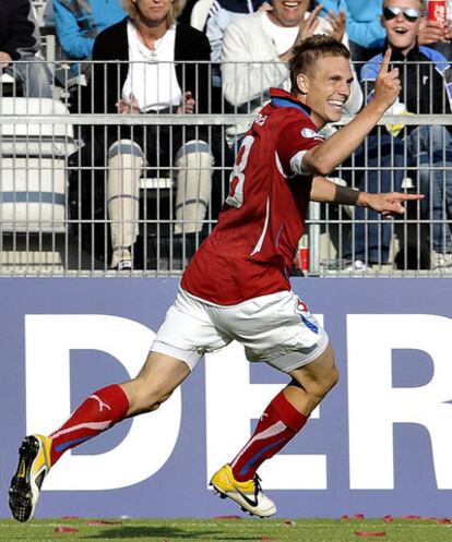 El checo Dockal celebra un gol contra Ucrania el pasado domingo en el Europeo sub 21 de Dinamarca.