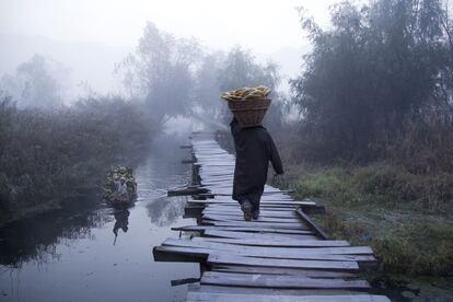 A Kashmiri Muslim man carries fresh bread in a basket as he walks on a foot bridge as a woman rows a boat carrying fodder for the cattle on the Dal Lake on a cold and foggy morning in Srinagar, Indian controlled Kashmir, Wednesday, Oct. 28, 2015. The Indian-controlled Kashmir region is experiencing cold conditions after the Himalayan mountains received snowfall in the past few days. (AP Photo/Dar Yasin)