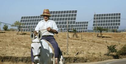 Un lugare&ntilde;o pasa delante del huerto solar de La Fregened.