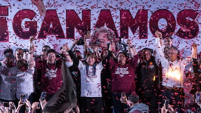 Delfina Gomez, Mexico state gubernatorial candidate for Morena celebrates her electoral victory during local state elections in Toluca, Mexico state, Mexico, on June 4, 2023.