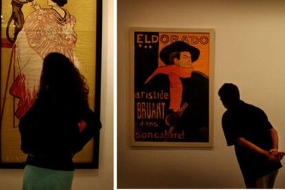 A la izquierda, dos carteles de Toulouse-Lautrec, que se exhiben en el Muvim; a la derecha, uno de los carteles de Ramón Casas para Anís del Mono, que se muestra en la Llotgeta.