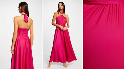 Vestido largo para bodas, con cuello halter en color fucsia