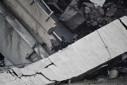 Equipos de rescate trabajan entre los escombros del puente Morandi.