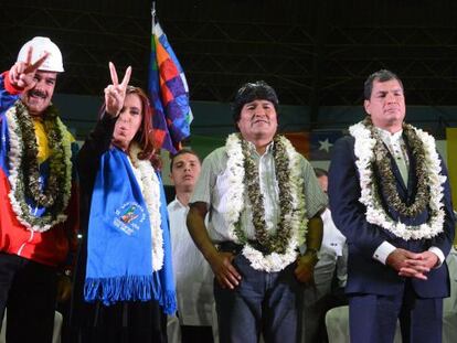 Nicol&aacute;s Maduro, Cristina Fern&aacute;ndez, Evo Morales and Rafael Correa pictured in Bolivia on Thursday. 