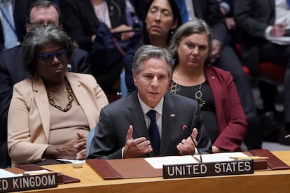 Antony Blinken, secretario de Estado de EE UU, durante su intervención este jueves en la reunión extraordinaria del Consejo de Seguridad de la ONU, celebrado en Nueva York.