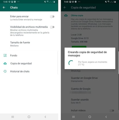 Backup de chats de WhatsApp en Android.