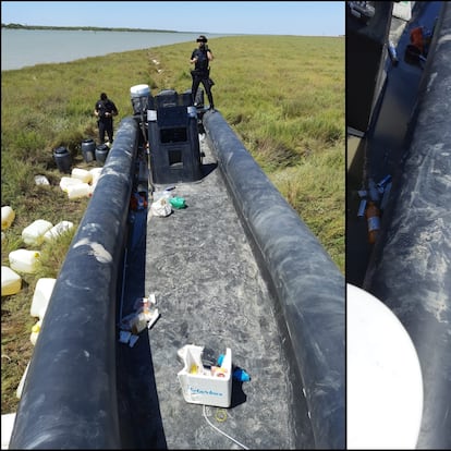 Una embarcación rodeada de petacas para transportar gasolina, interceptada por la Policía Nacional de Sanlúcar de Barrameda (Cádiz).