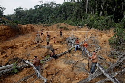Indígenas da tribo Mura dentro de uma área desmatada da Amazônia.